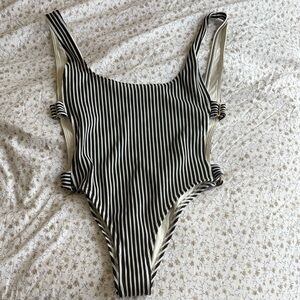 l*space Black & White Vertical Stripe Cutout One-Piece Swimsuit